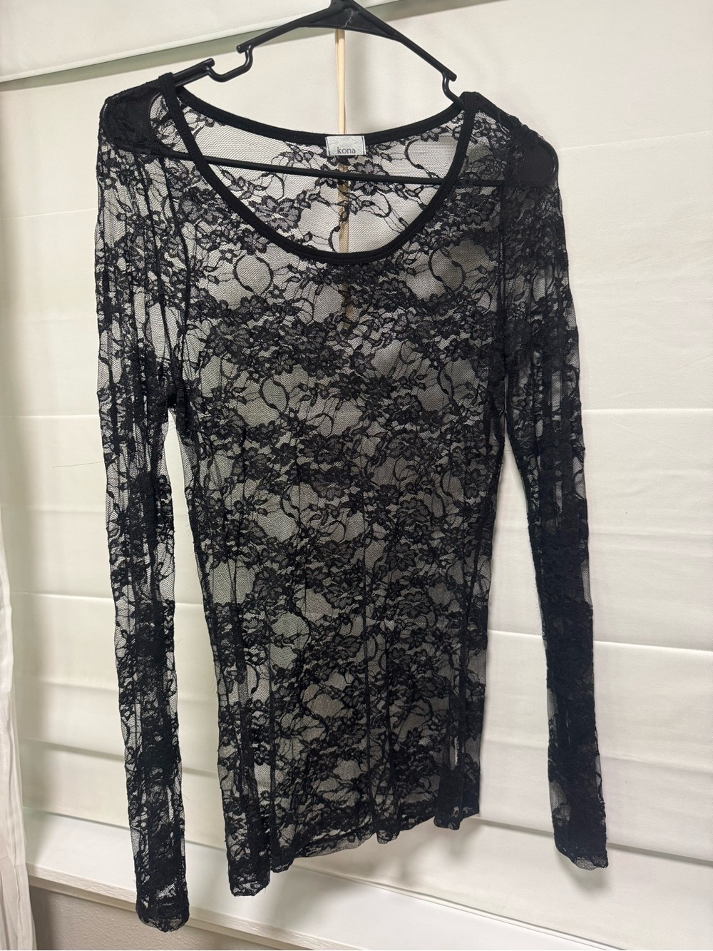 Kona Sol Black Floral Lace Long Sleeve Sheer Top